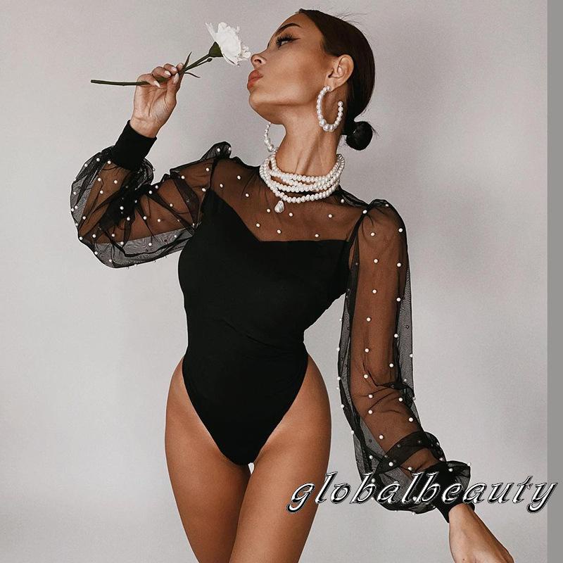 Bộ Áo Liền Quần Tay Dài Cổ Tròn Phối Lưới Màu Sắc Trơn Eo Cao Thời Trang Cho Nữ