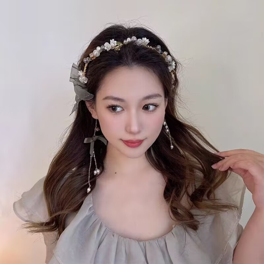 Băng Đô Cài Tóc Đính Hạt Ngọc Trai Và Nơ Bằng Hợp Kim Phong Cách Hàn Quốc Cho Nữ
