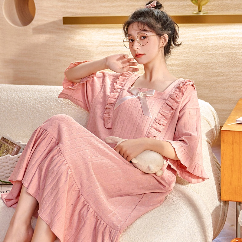 Đầm Ngủ Tay Ngắn Dáng Rộng Vải Jacquard Mỏng Thời Trang Xuân Hè Xinh Xắn Cho Nữ