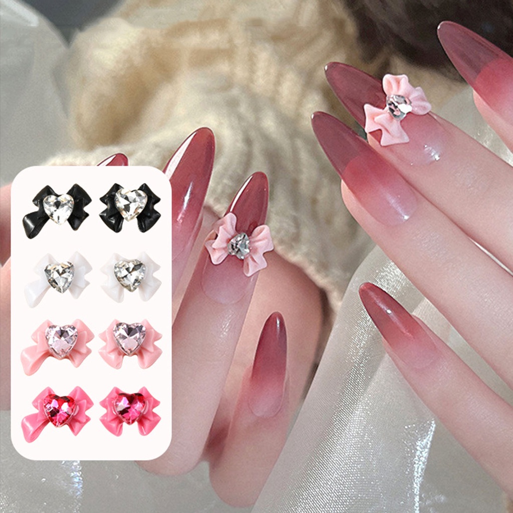 Bộ 10 Miếng Dán Trang Trí Móng Tay Hình Nơ / Trái Tim Đính Đá 3D Trọng Lượng Nhẹ