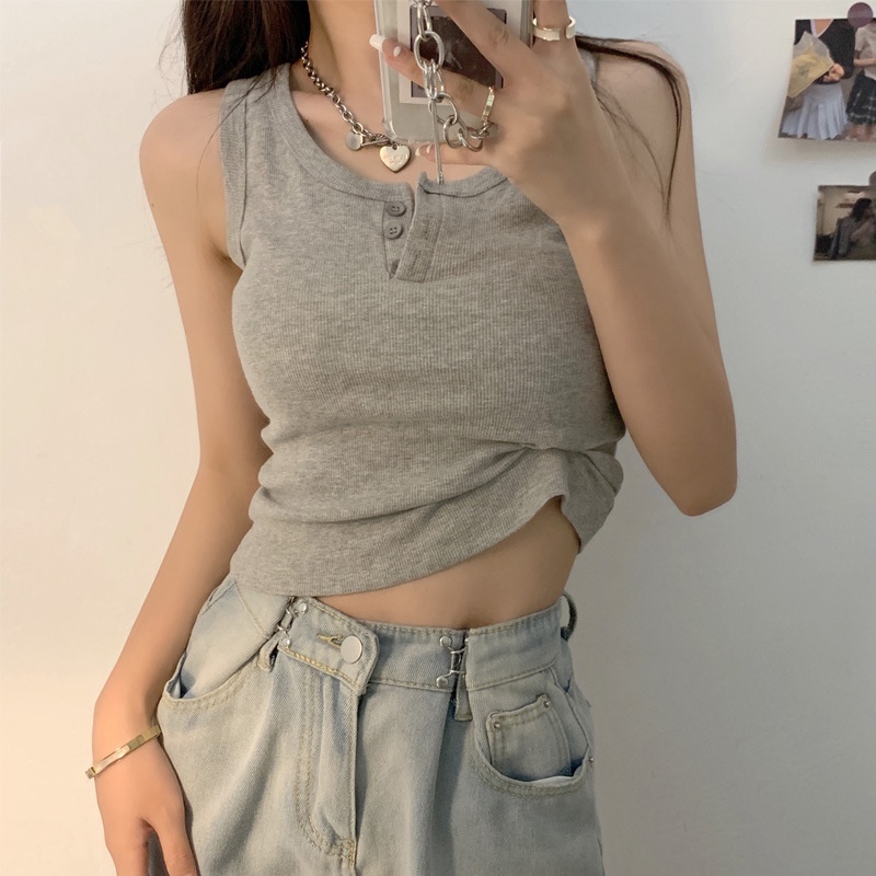 Áo Croptop Dệt Kim Không Tay Màu Trơn Phong Cách Hàn Quốc Gợi Cảm Cho Nữ