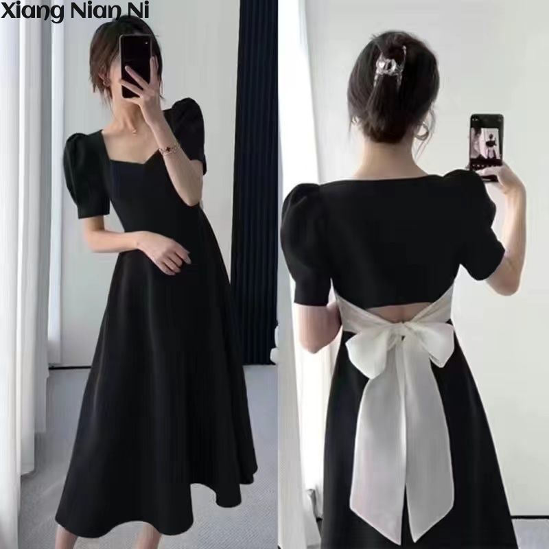 Đầm XIANG NIAN NI tay phồng cổ vuông thắt nơ hở lưng phong cách hepburn Pháp cho nữ