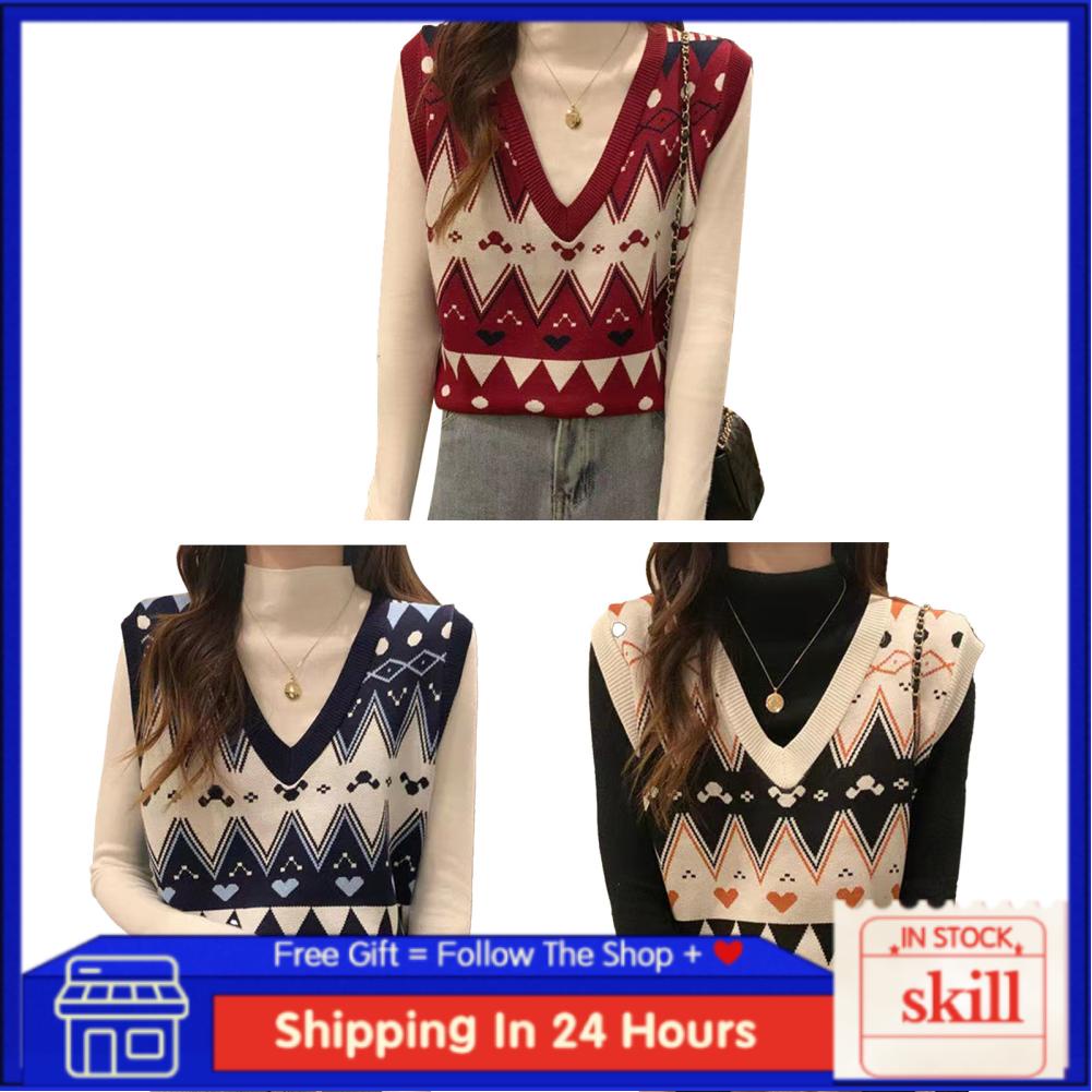 Skill Women Knitted Vest  Sleeveless Sweater Casual Breathable Cute Geometric Pattern Loose Fitting for Shopping Lady