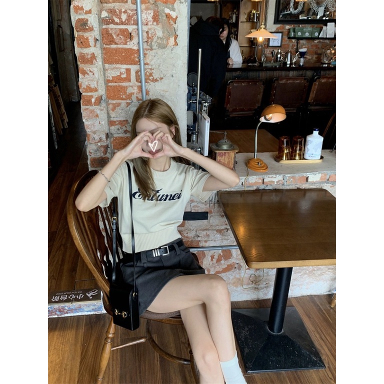 Áo Thun Dệt Kim Tay Ngắn Cổ Tròn Dáng Rộng In Họa Tiết Thời Trang Mùa Hè Phong Cách Hàn Quốc