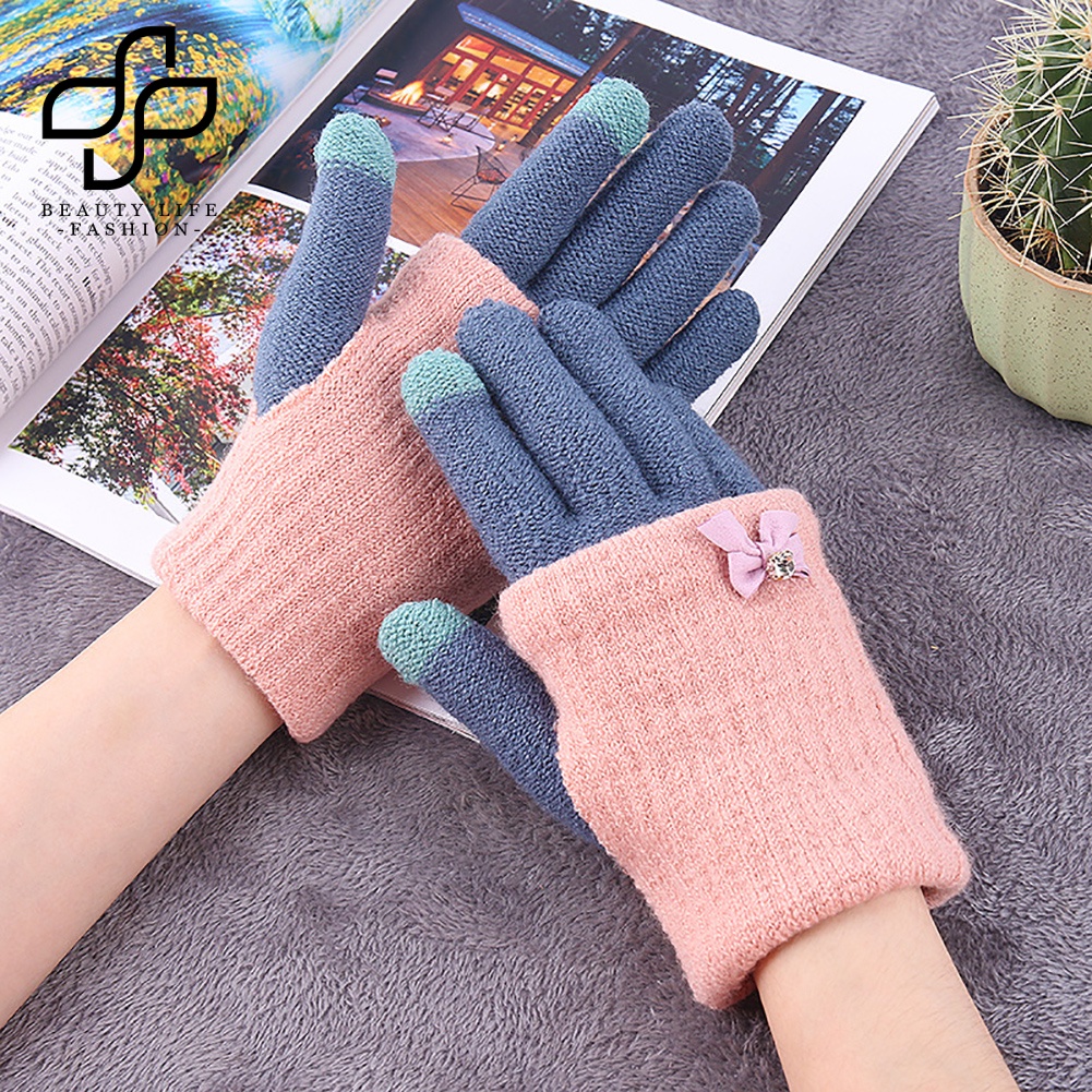 Đôi Găng Tay Len Hở Ngón Gắn Nơ Có Thể Dùng Màn Hình Cảm Ứng Thời Trang Cho Nữ