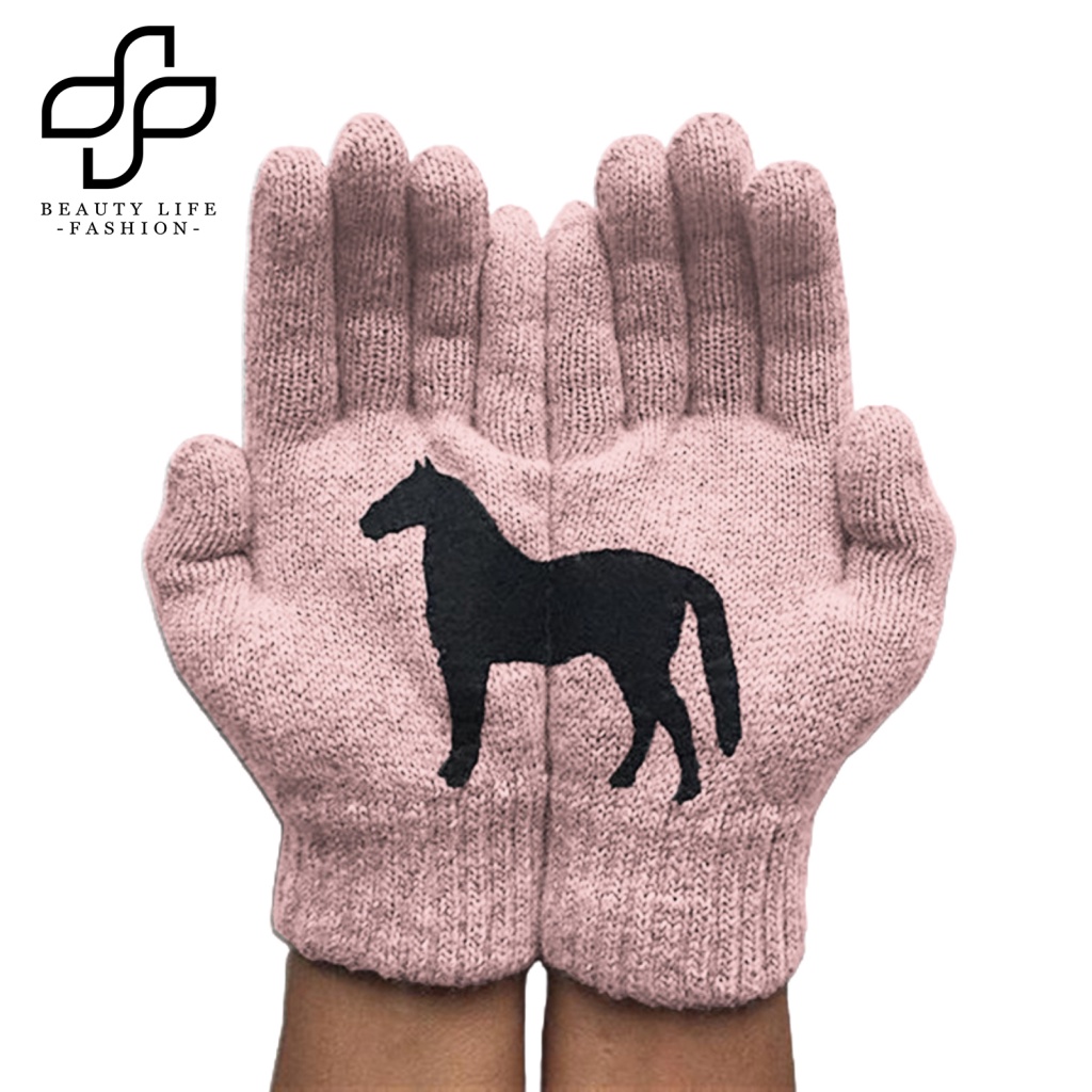 1 Đôi Găng Tay Len Chống Lạnh In Họa Tiết Ngựa Hoạt Hình Cho Nữ