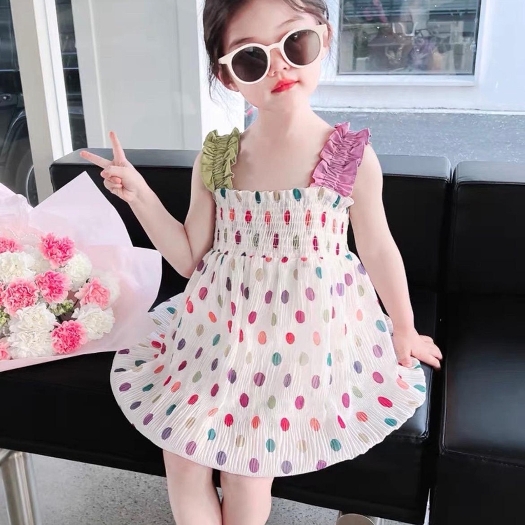 Váy 2 dây chấm bi chất đũi dáng bồng