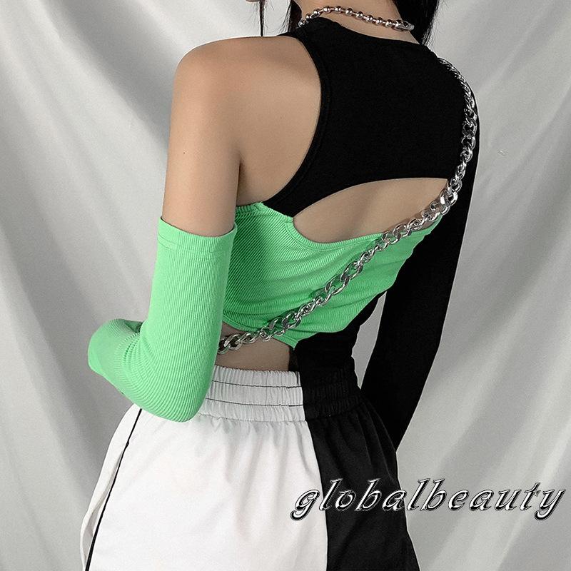 Áo Thun Dài Tay Lệch Vai Màu Sắc Tương Phản Dành Cho Nữ