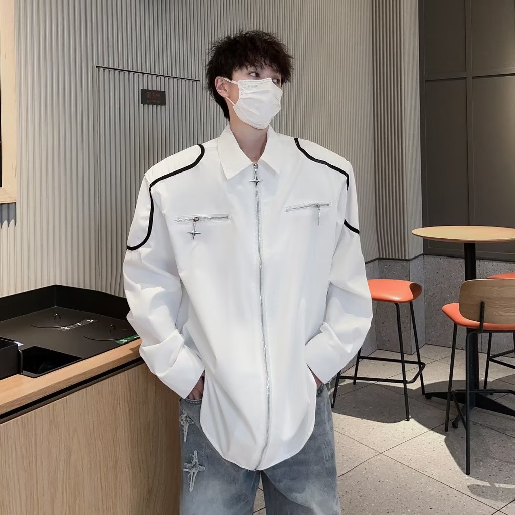 Áo Sơ Mi Trắng Tay Dài Dáng Rộng Có Khóa Kéo Phong Cách Hàn Quốc Thời Trang Xuân Hè Cho Nam