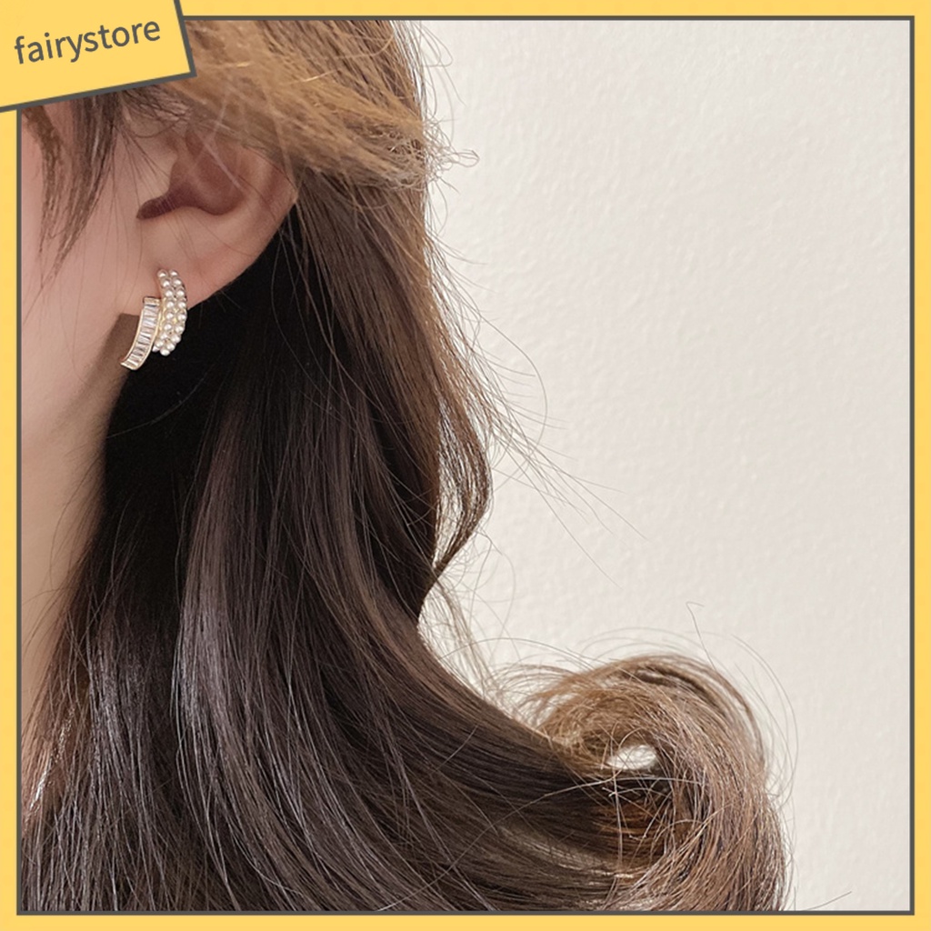 1 Đôi Bông Tai Ngọc Trai Giả Hai Lớp Đính Đá Lấp Lánh