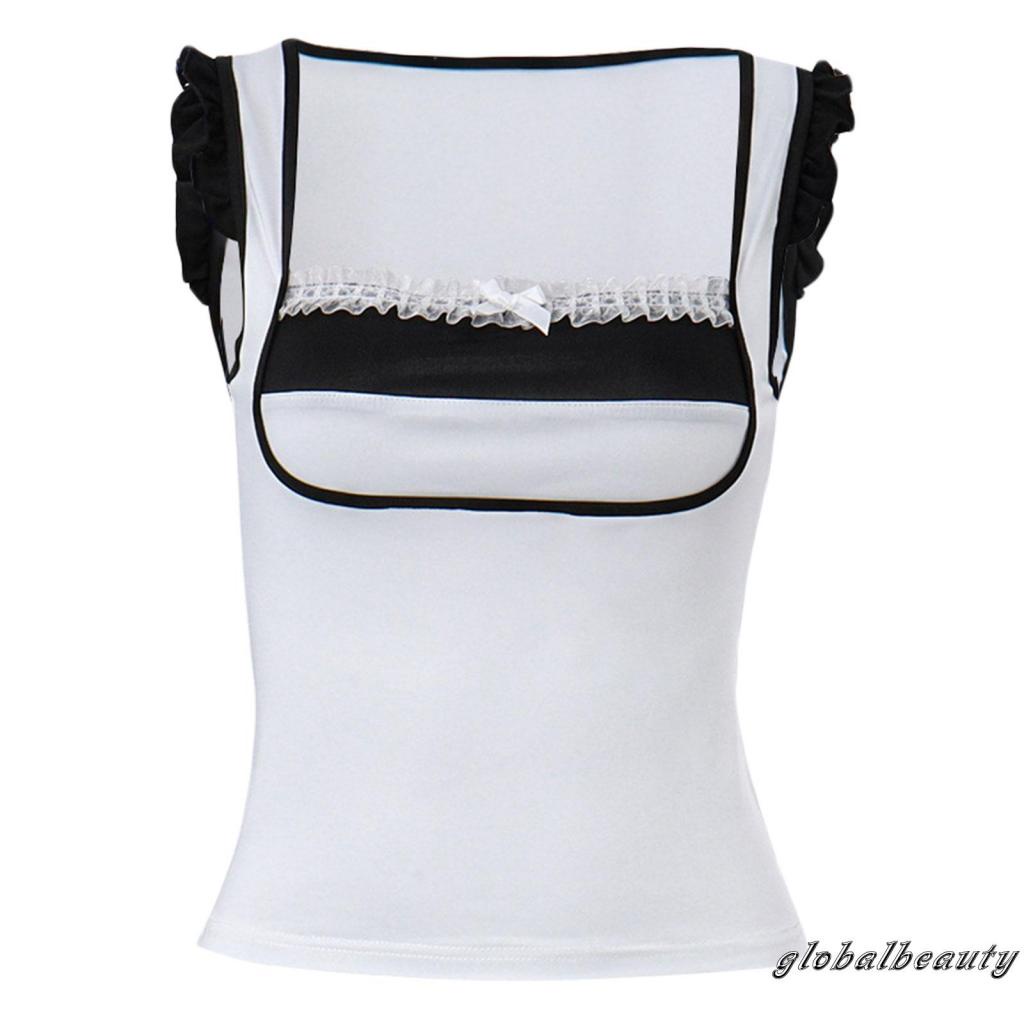 Áo Không Tay Cổ Vuông Viền Ren Màu Sắc Tương Phản Thời Trang Mùa Hè Cho Nữ