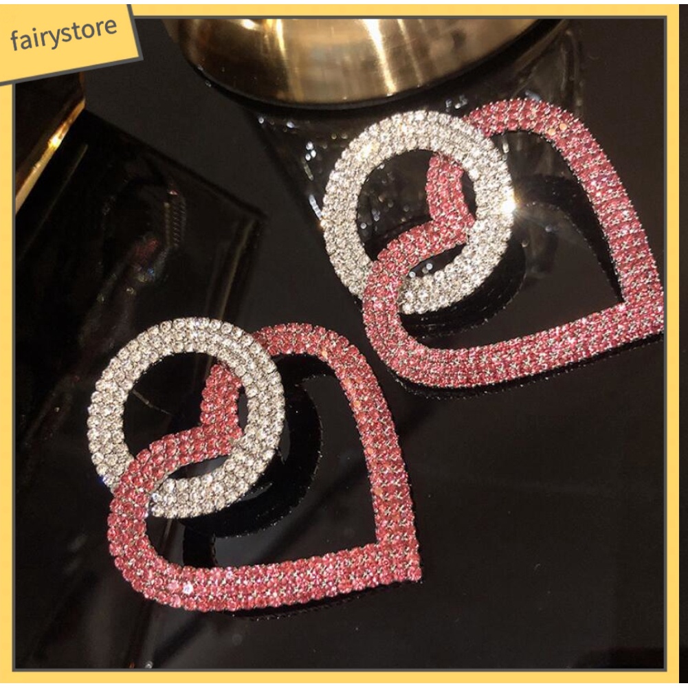 Bông Tai Hình Tròn Đính Đá Hình Trái Tim Cho Nữ