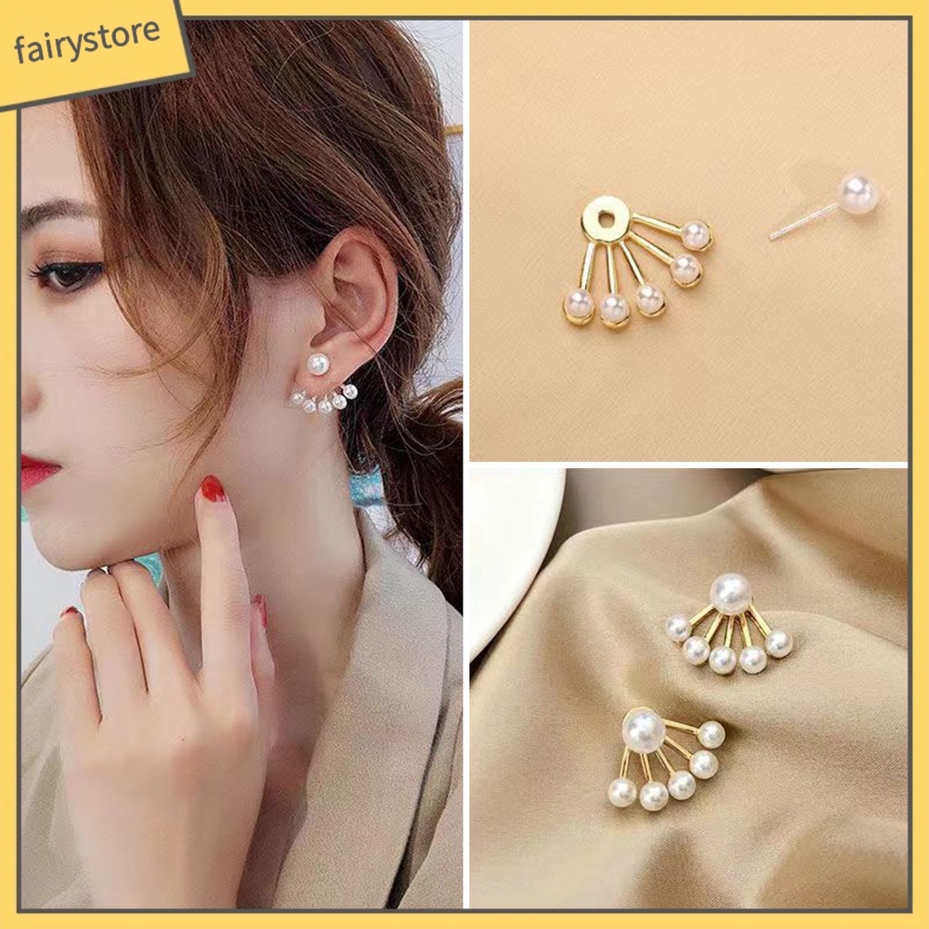 1 Đôi Bông Tai Hình Quạt Đính Ngọc Trai Nhân Tạo Thời Trang