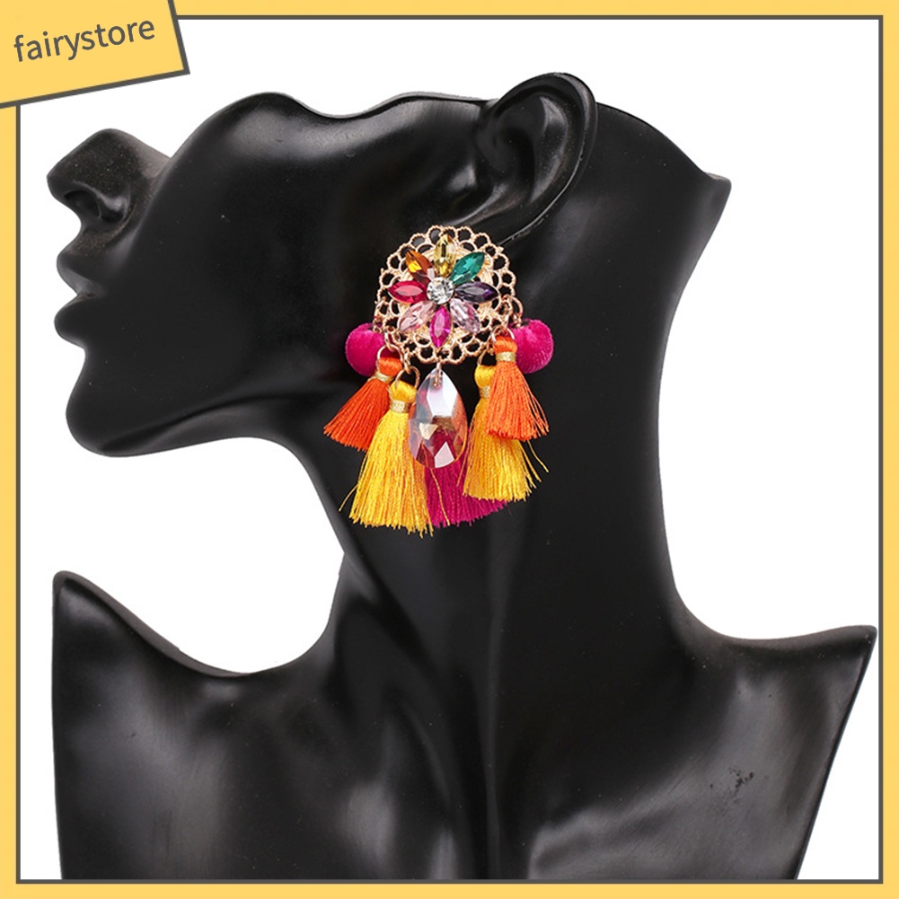 Bông Tai Dạng Dây Tua Rua Đính Đá Phong Cách Boho Cho Nữ