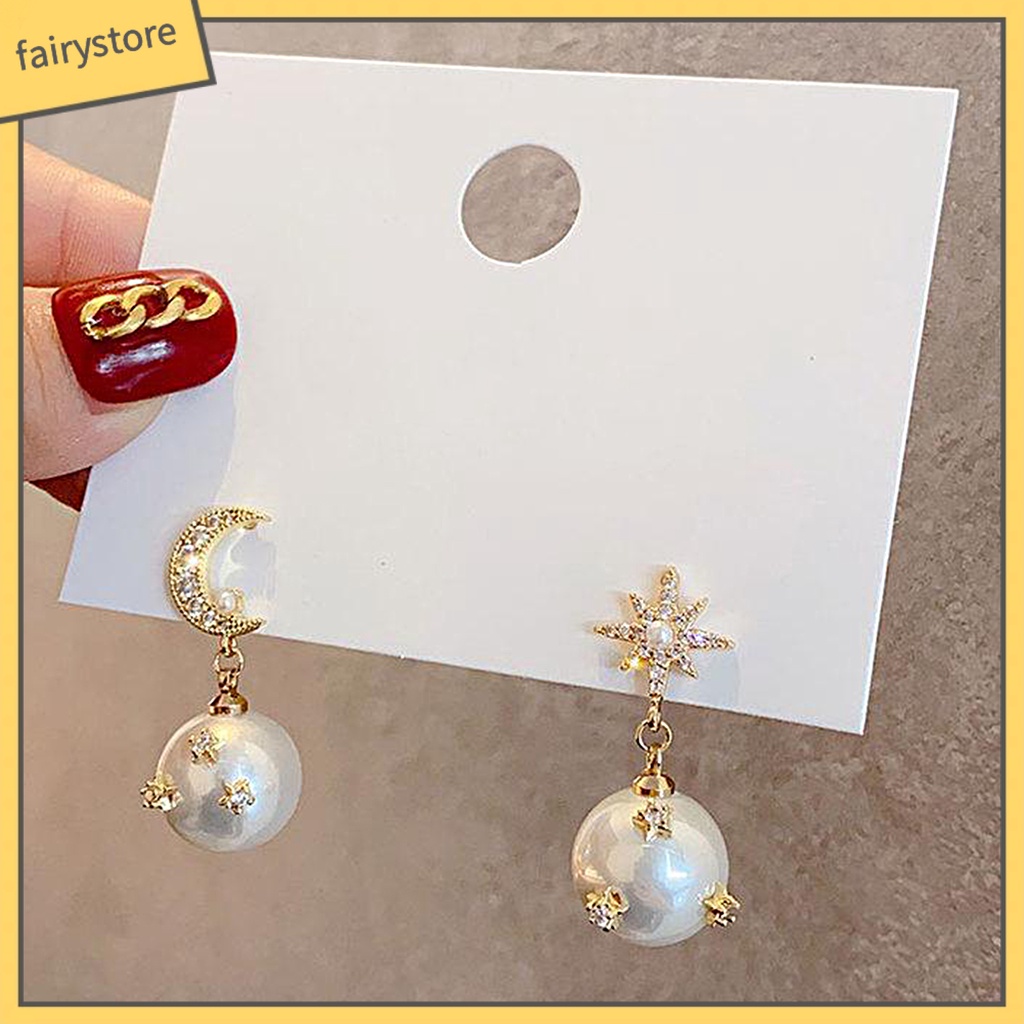 [FRO] 1 Đôi Bông Tai Bất Đối Xứng Hình Ngôi Sao Và Mặt Trăng Đính Ngọc Trai Nhân Tạo Phong Cách