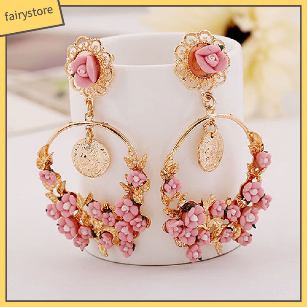 [FRO] Khuyên Tai Tròn Họa Tiết Hoa Thời Trang Dành Cho Nữ