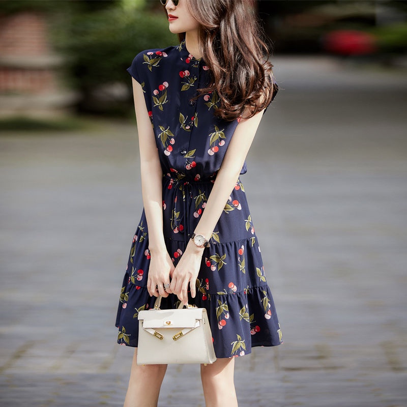 Đầm Chiffon Mỏng Chiết Eo In Họa Tiết Quả Cherry Thời Trang Mùa Hè 2023 Phong Cách Pháp Cho Nữ