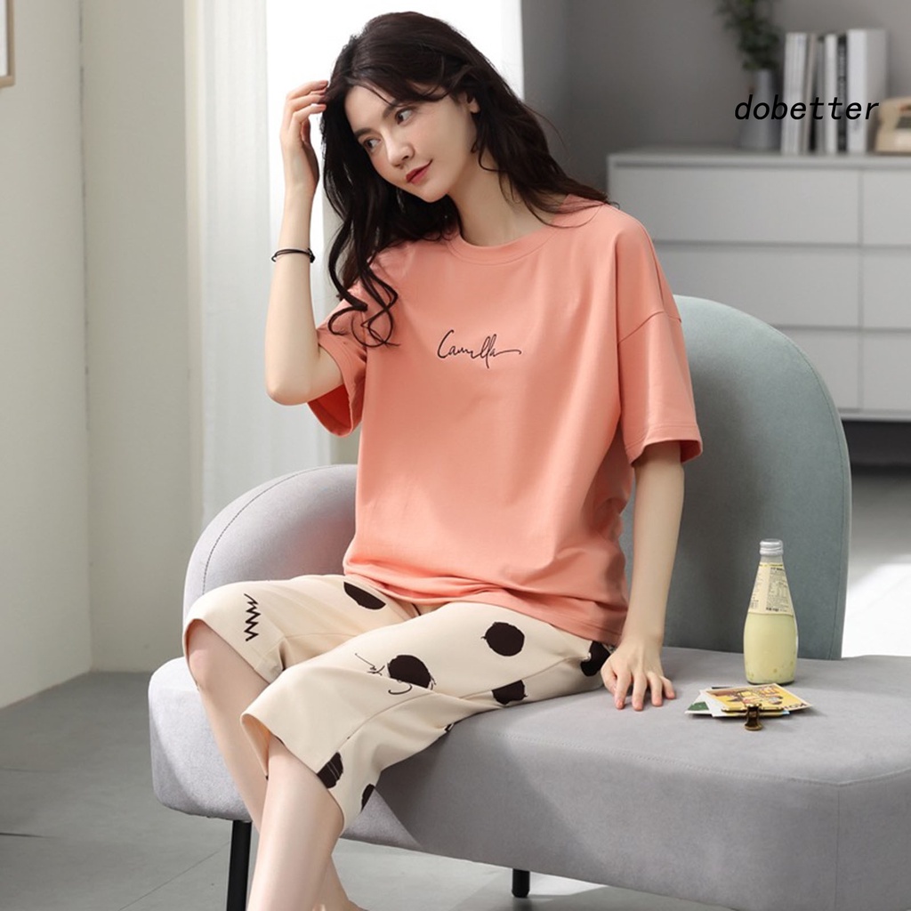 Bộ Đồ Ngủ 2 Món Áo Tay Ngắn Cổ Tròn In Hoạt Hình Phối Quần Lưng Thun Thời Trang Mùa Hè Cho Nữ