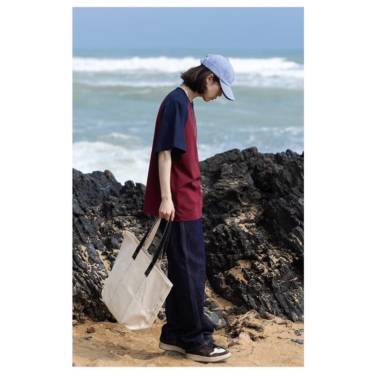 Áo Thun Raglan Tay Ngắn Dáng Rộng Màu Sắc Tương Phản Thời Trang Dành Cho Cặp Đôi