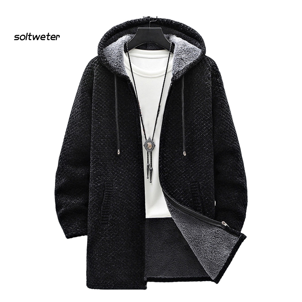 Áo Khoác Sweater Dệt Kim Tay Dài Có Mũ Trùm Vải Lông Dày Dặn Phối Dây Rút Thời Trang Thu Đông Đường Phố