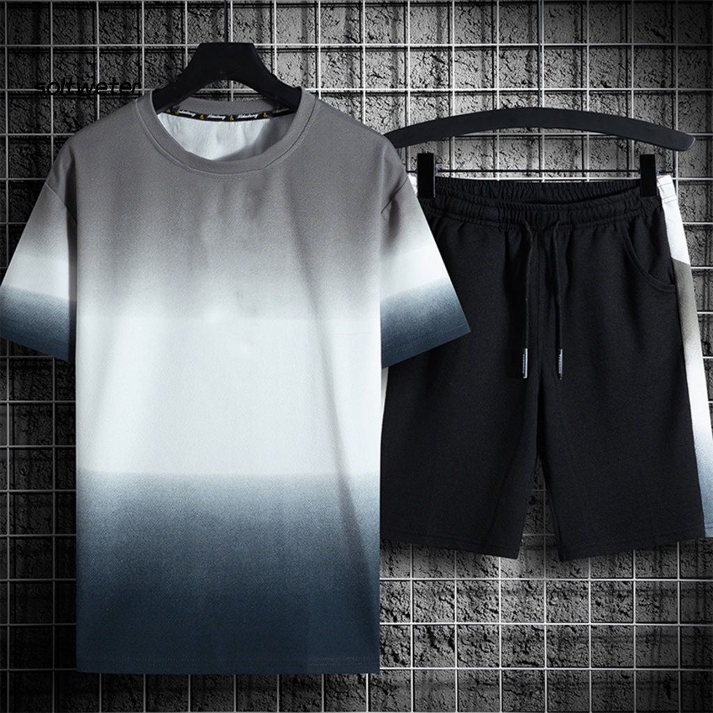 Set Đồ Mùa Hè 2 Món Gồm Áo Thun Cổ Tròn Màu Sắc Gradient + Quần Ngắn Lưng Thun Cho Nam