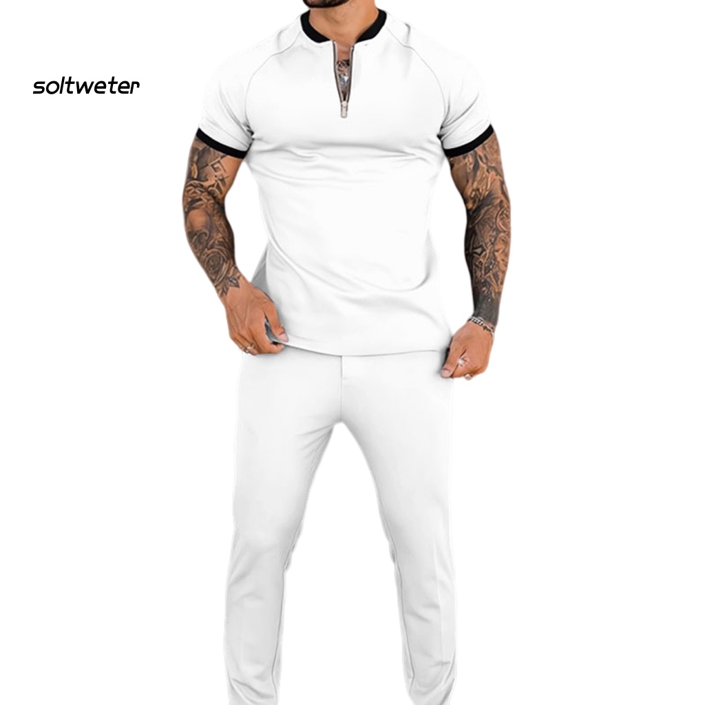 1 Bộ Áo Thun Tay Ngắn Dáng Ôm + Quần Dài Khóa Kéo Phối Màu Thời Trang Mùa Hè Cho Nam