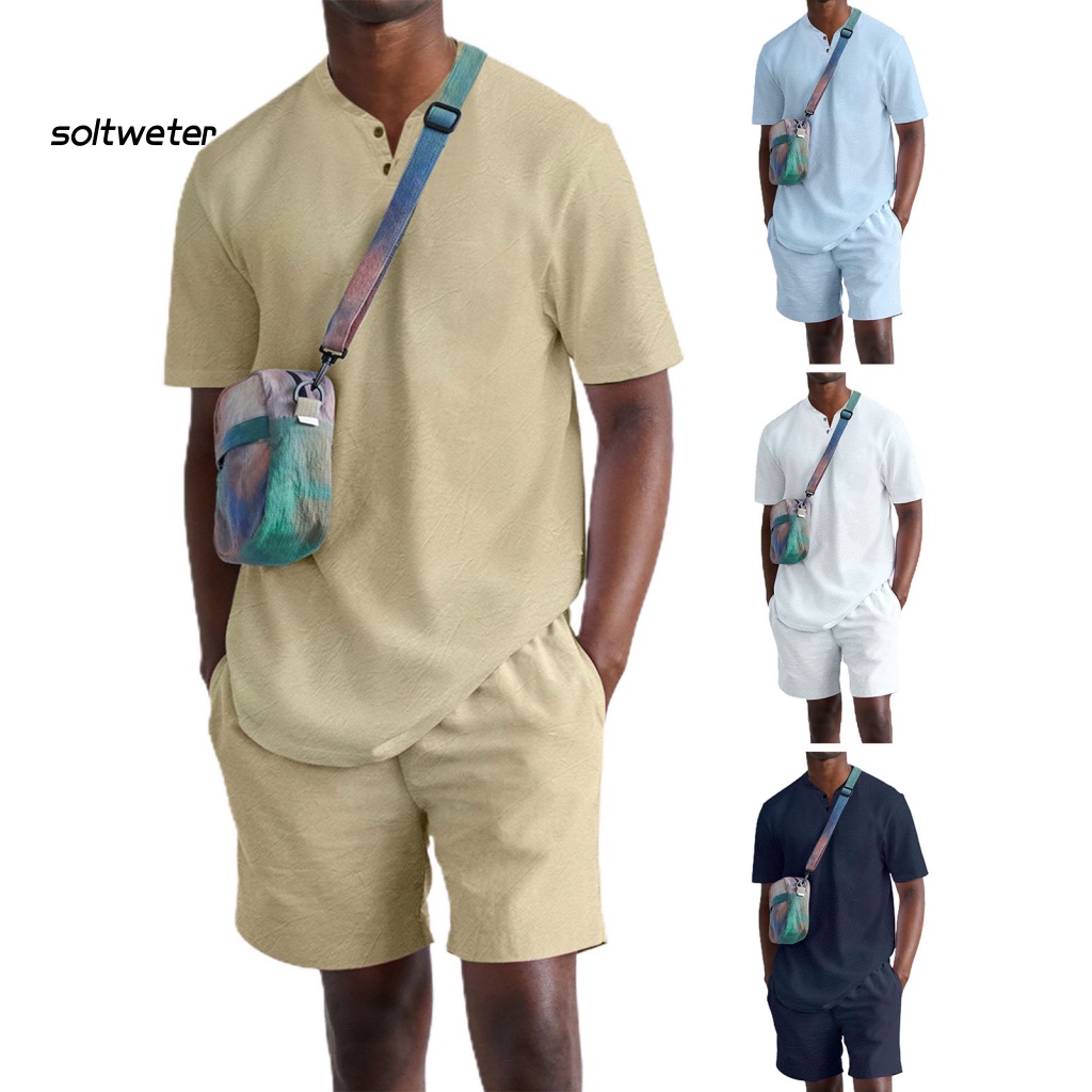 Bộ Trang Phục 2 Mảnh Gồm Áo Tay Ngắn Cổ Chữ V Màu Sắc Đơn Giản Và Quần Short Lưng Thun Thời Trang Mùa Hè Cho Nam