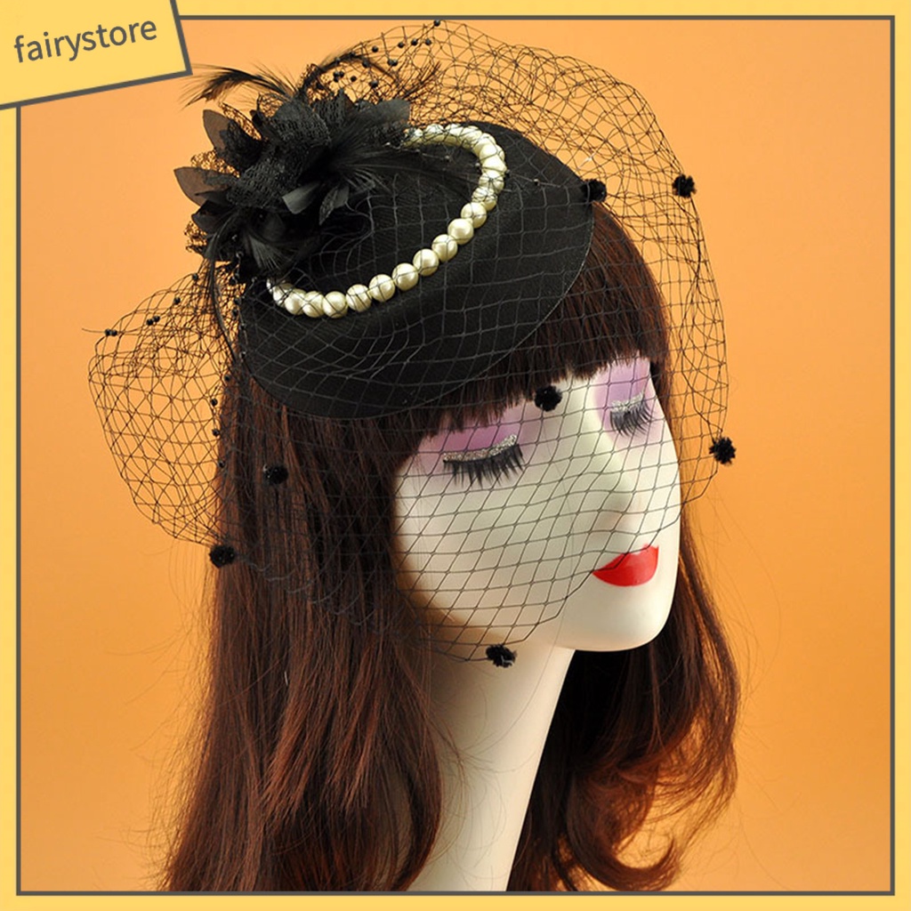 [FRO] Mũ Beret Lưới Màu Trơn Đính Ngọc Trai Giả Trang Trí Tóc Cô Dâu Trong Tiệc Cưới