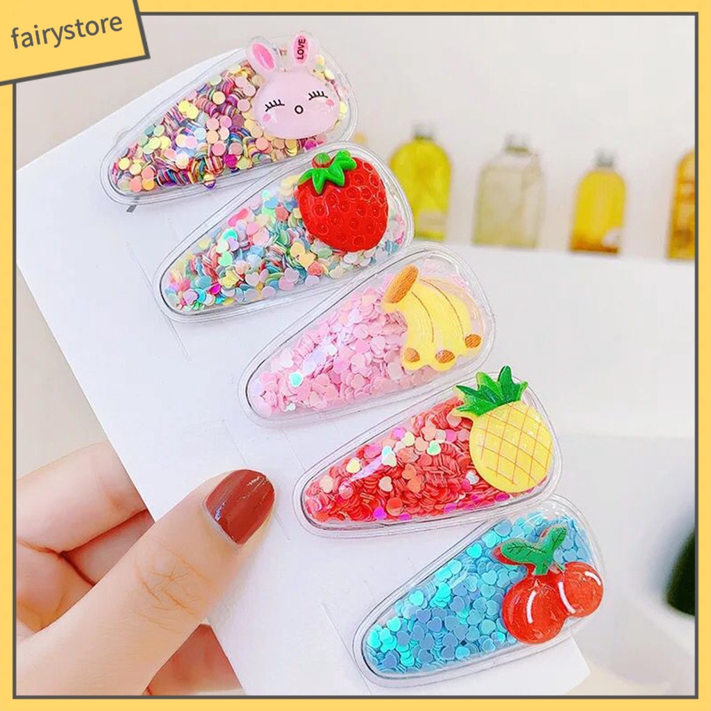 Set 5 Kẹp Tóc Trong Suốt Họa Tiết Trái Cây Phối Cát Lún Xinh Xắn Cho Bé Gái