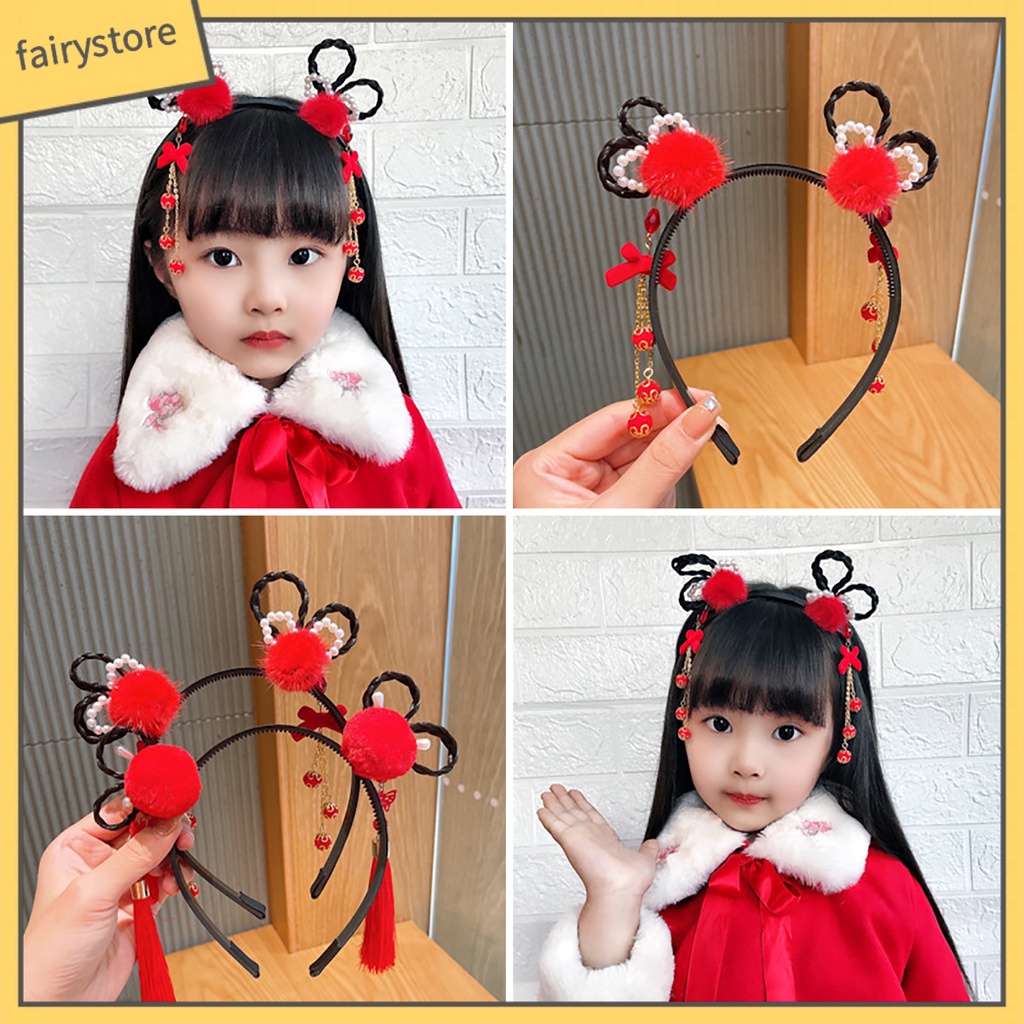 Băng Đô Nơ Đính Ngọc Trai Co Giãn Phối Bóng Lông Tua Rua Phong Cách Trung Hoa Mừng Năm Mới Cho Bé Gái
