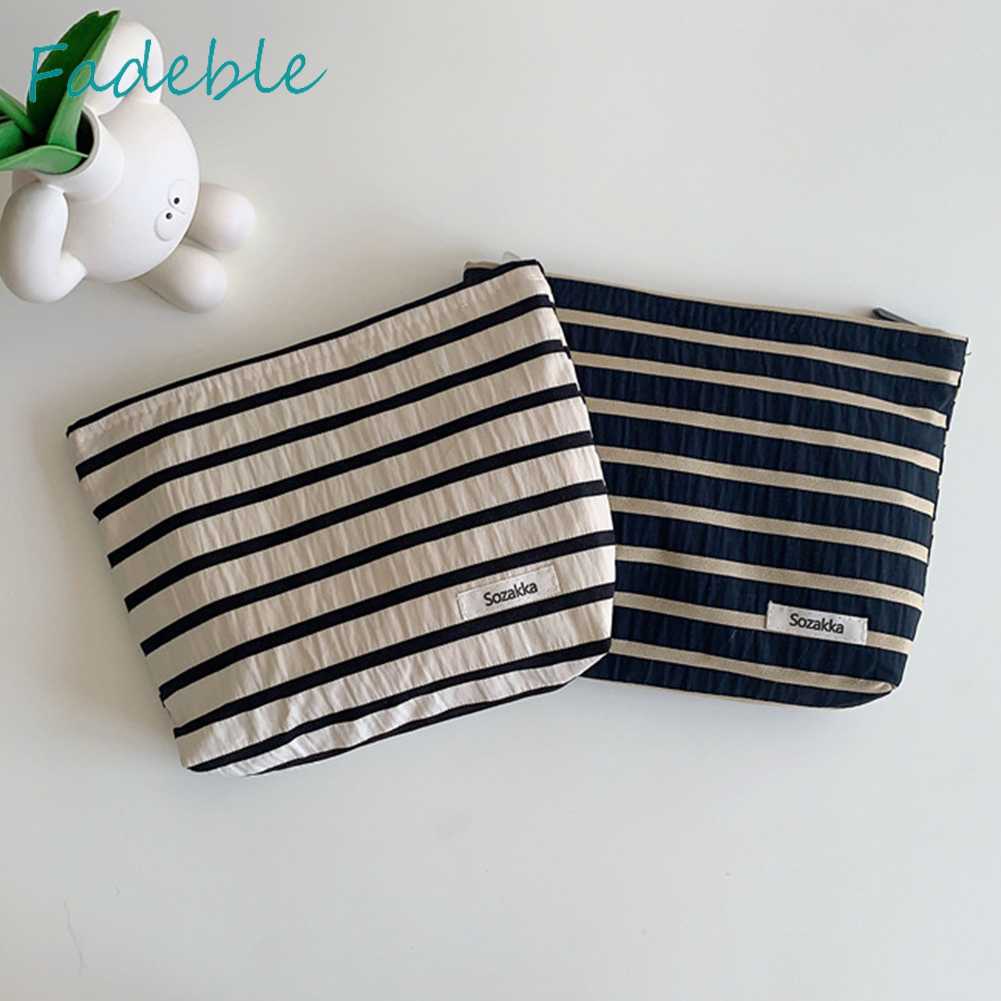 Túi Đựng Mỹ Phẩm Bằng Vải Canvas Họa Tiết Kẻ Sọc Sức Chứa Lớn Tiện Dụng Cho Nữ