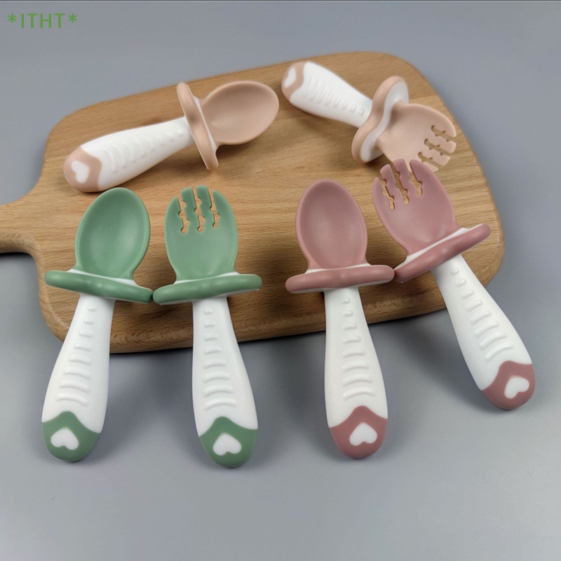 Bộ Muỗng Nĩa Bằng Silicon Mềm Tay Cầm Ngắn Dành Cho Bé Tập Ăn Mới