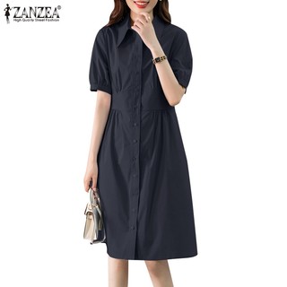 Zanzea Đầm Sơ Mi Tay Ngắn Cổ Bẻ Màu Trơn Phối Túi Thời Trang Hàn Quốc Xinh Xắn Cho Nữ