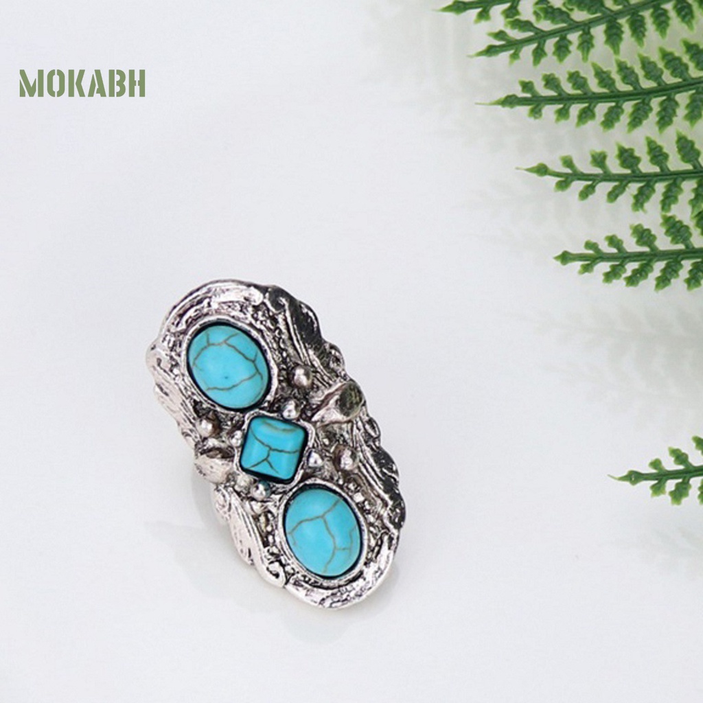 [Mok Abh] Nhẫn Hở Chạm Khắc Hoa Văn Đá Xanh Lá Phong Cách Bohemian Có Thể Điều Chỉnh Kích Thước