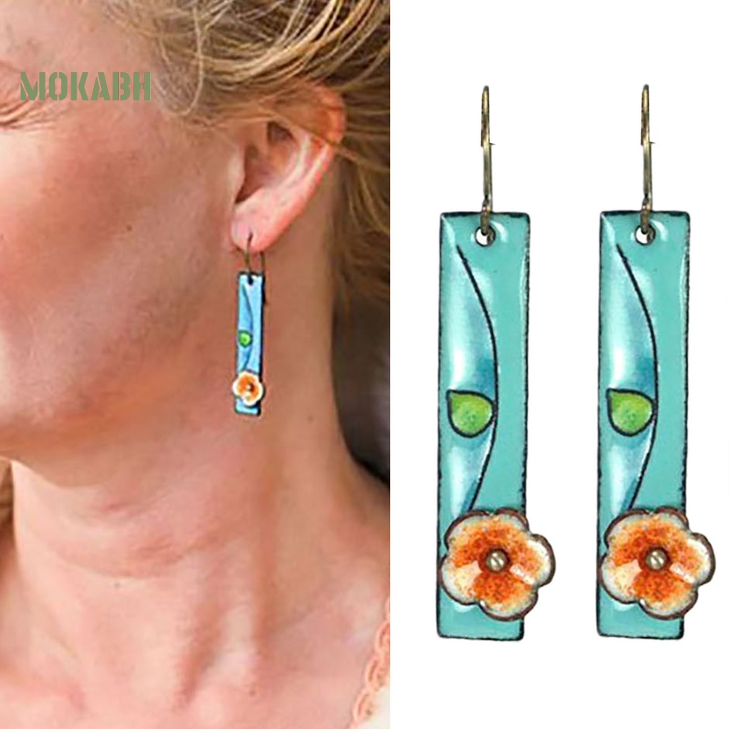 1 Đôi Bông Tai Hình Chữ Nhật Họa Tiết Hoa Màu Xanh Theo Phong Cách Bohemian