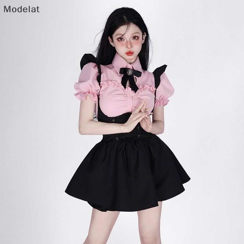 Set Đồ 2 Món Gồm Áo Tay Phồng Họa Tiết Trái Tim Rỗng + Đầm Mini Hai Dây Màu Đen Dễ Thương Cho Bạn Gái