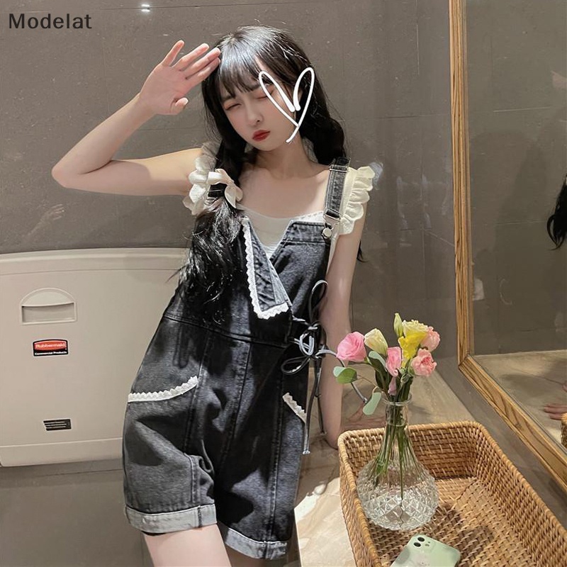 Mfc Quần Yếm Denim Lưng Cao Dáng Rộng Cột Dây Phong Cách Lolita Đáng Yêu Cho Nữ