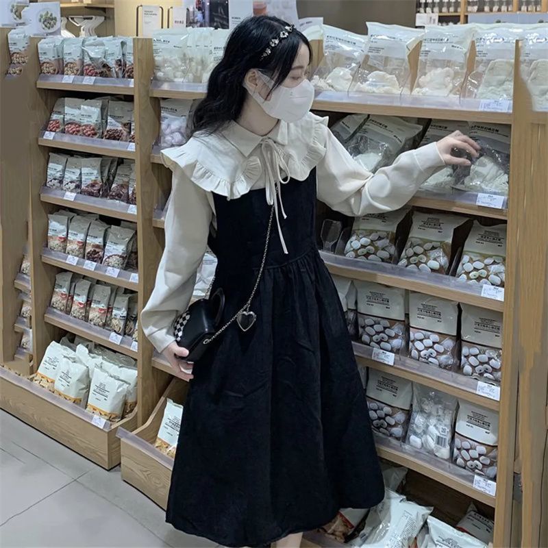 Set babydoll váy babydoll tay phồng Đầm Hai Dây Ôm Eo Dáng Dài Vừa Vặn Thời Trang Mùa Thu Phong Cách Hàn Quốc Ngọt Ngào Cho Nữ