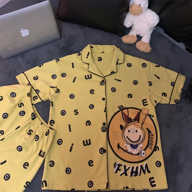 Bộ Đồ Ngủ Tay Ngắn In Họa Tiết Hoạt Hình Mặt Cười Phong Cách Hàn Quốc Thời Trang Mùa Hè Cho Nữ