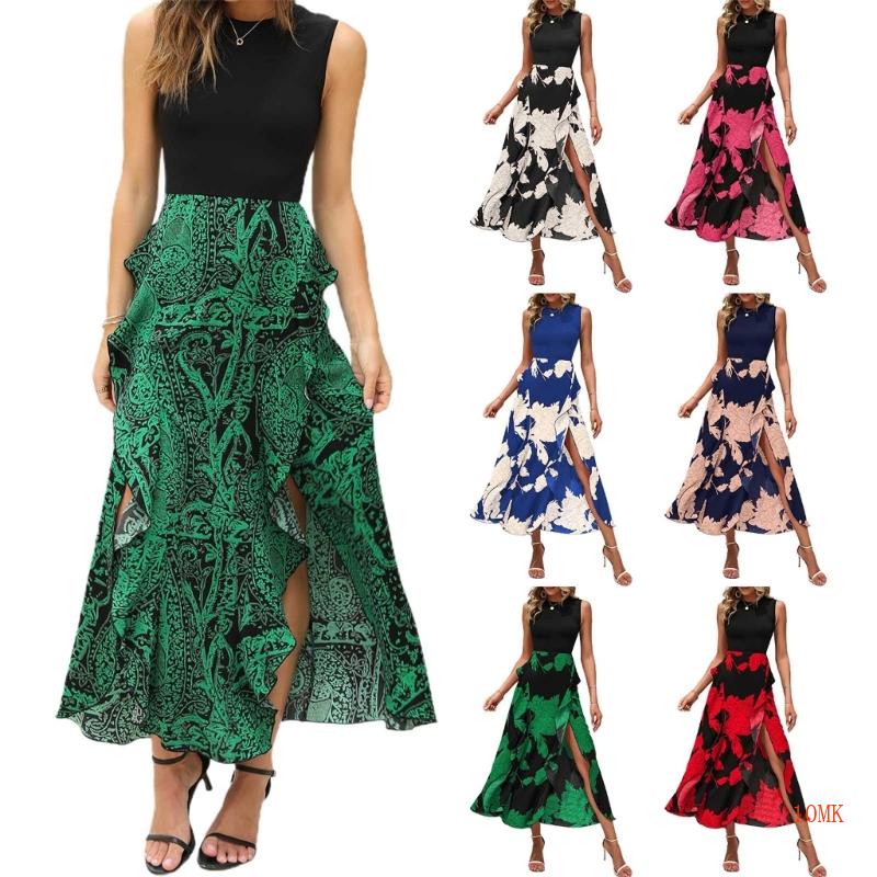 Xiangbao Đầm Midi Dài Phối Bèo Nhún In Hoa Xẻ Tà Cao Bên Hông Thời Trang Công Sở Nữ Tính