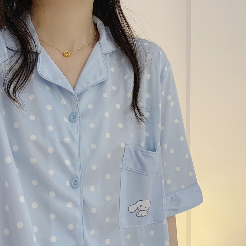 Bộ Đồ Ngủ Ngắn Tay Họa Tiết Chấm Bi Hoạt Hình Dễ Thương Dành Cho Nữ