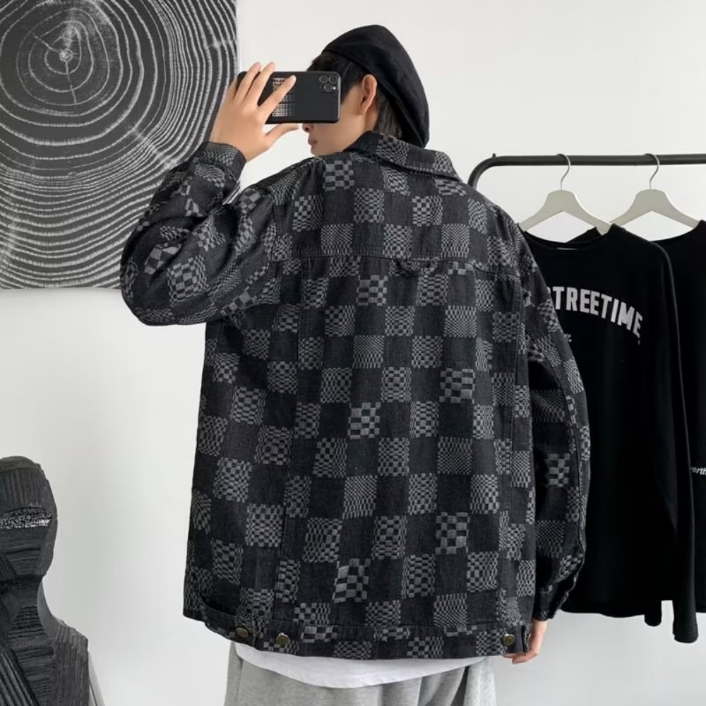 Áo Khoác Denim Dáng Rộng Họa Tiết Kẻ Ô Đen Phong Cách Retro Nhật Bản Cho Nam Giới
