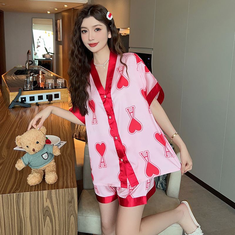 Bộ Đồ Ngủ Tay Ngắn Dáng Rộng Vải Lụa Lạnh Mỏng Thời Trang Mùa Hè Dễ Thương Cho Nữ 110Kg