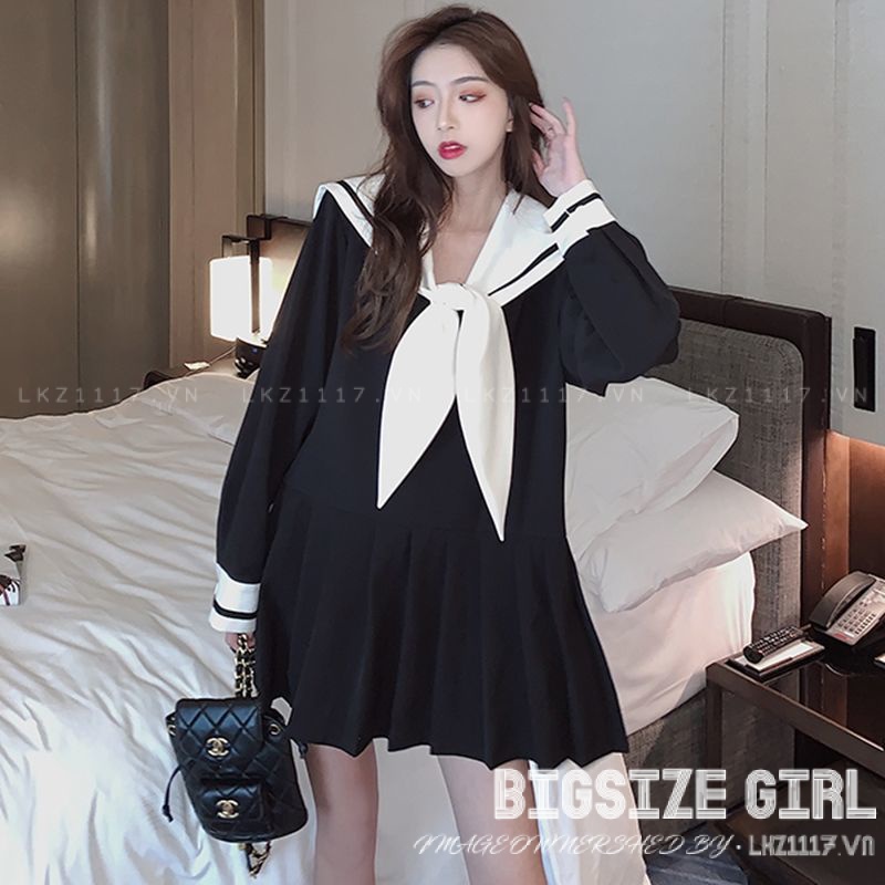 Váy đầm nữ Bigsize Đầm babydoll dáng suông tay dài cổ bèo Phối Nơ mùa xuân Phong cách Hàn Quốc Thời Trang đẹp