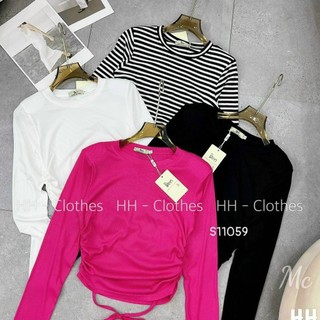 Áo thun nữ tay dài phối dây rút 2 bên dáng ngắn croptop chất thun gân xinh hot alohastore1