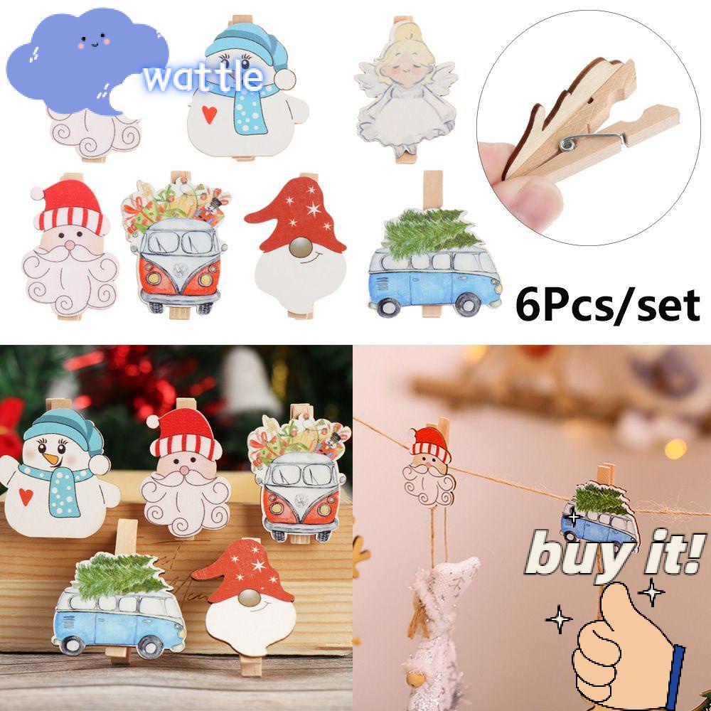 Bộ 6 Kẹp Giấy Họa Tiết Giáng Sinh Bằng Gỗ Dùng Trang Trí DIY