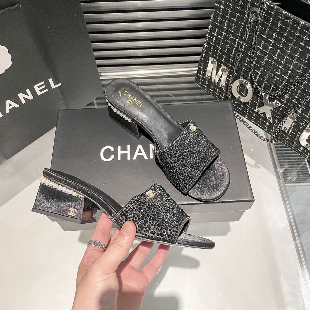 Giày Sandal Cao Gót Hở Một Gót Dày Vừa Đính Đá Và Ngọc Trai Phong Cách Pháp 2023 Cho Nữ