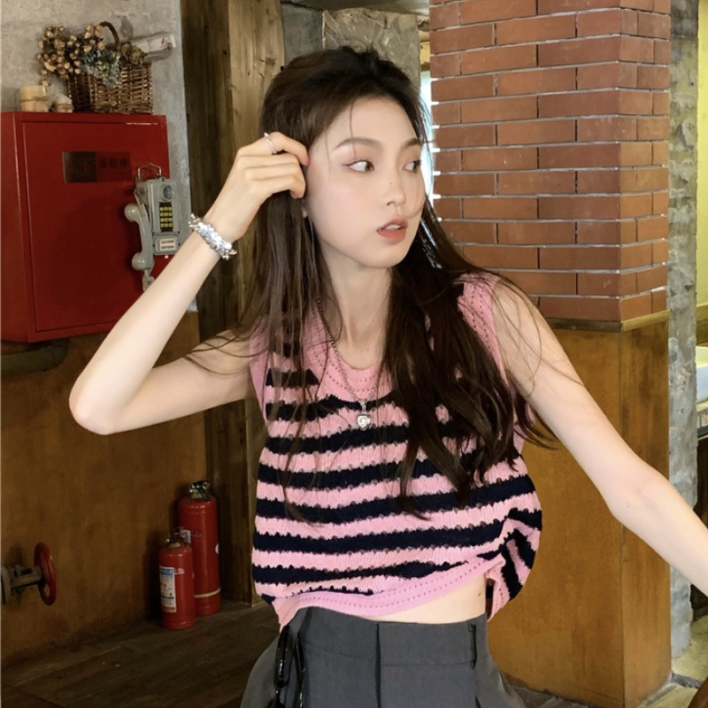 Áo Hai Dây Dệt Kim Họa Tiết Kẻ Sọc Thời Trang Mùa Hè Cho Nữ