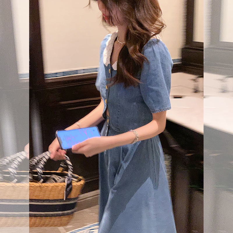 Đầm Chữ A Cổ Búp Bê Phối Ren Màu Xanh Dương Phong Cách Pháp Ngọt Ngào Thời Trang Mùa Hè Cho Nữ