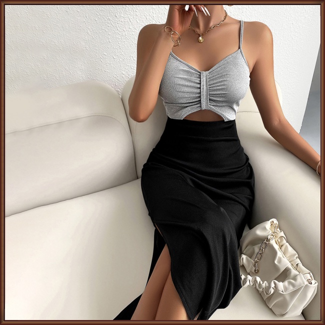 Đầm Lửng Không Tay Cổ Chữ V Lưng Cao Màu Sắc Tương Phản Thời Trang Mùa Hè Dành Cho Nữ